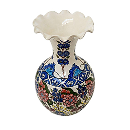 Çini Seramik Vazo - Kıvrımlı Ağızlı Floral Motifli