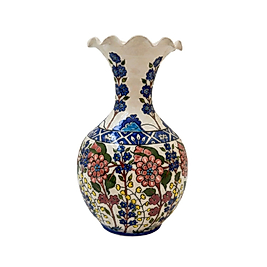 Çini Seramik Vazo - Kıvrımlı Ağızlı Floral Motifli