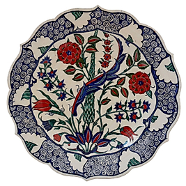 İznik Desenli El Yapımı Çini Tabak - Lale ve Karanfil Motifli