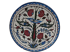 El Yapımı Karanfil ve Saz Desenli Çini Tabak